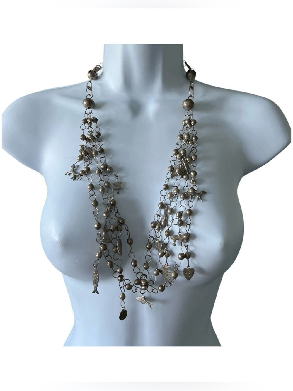 Vintage Mexican Folk Art Wedding Milagro Charm Waterfall Statement Necklace